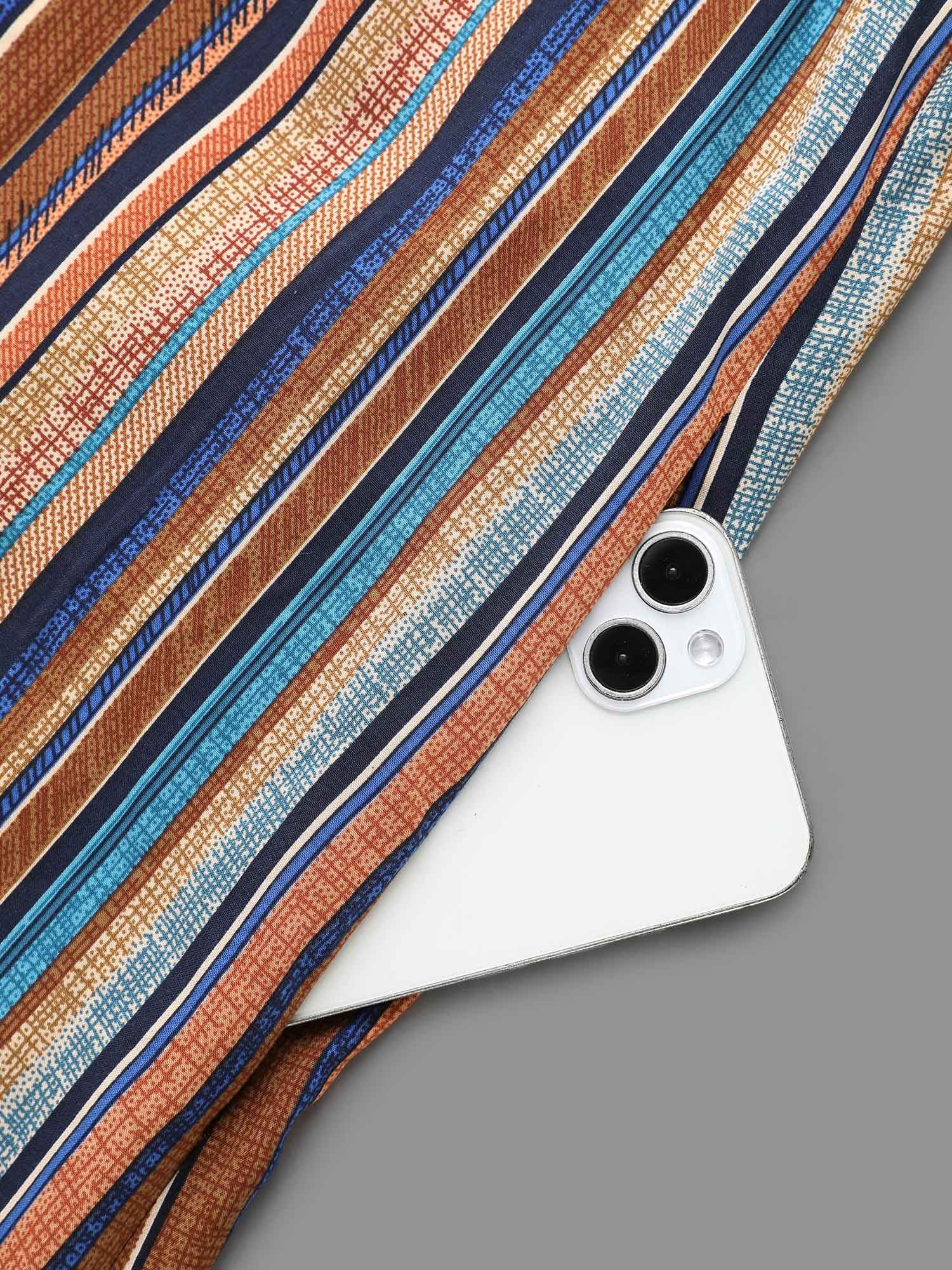 Contrast Striped Pocket Lantern Sleeve Blouse