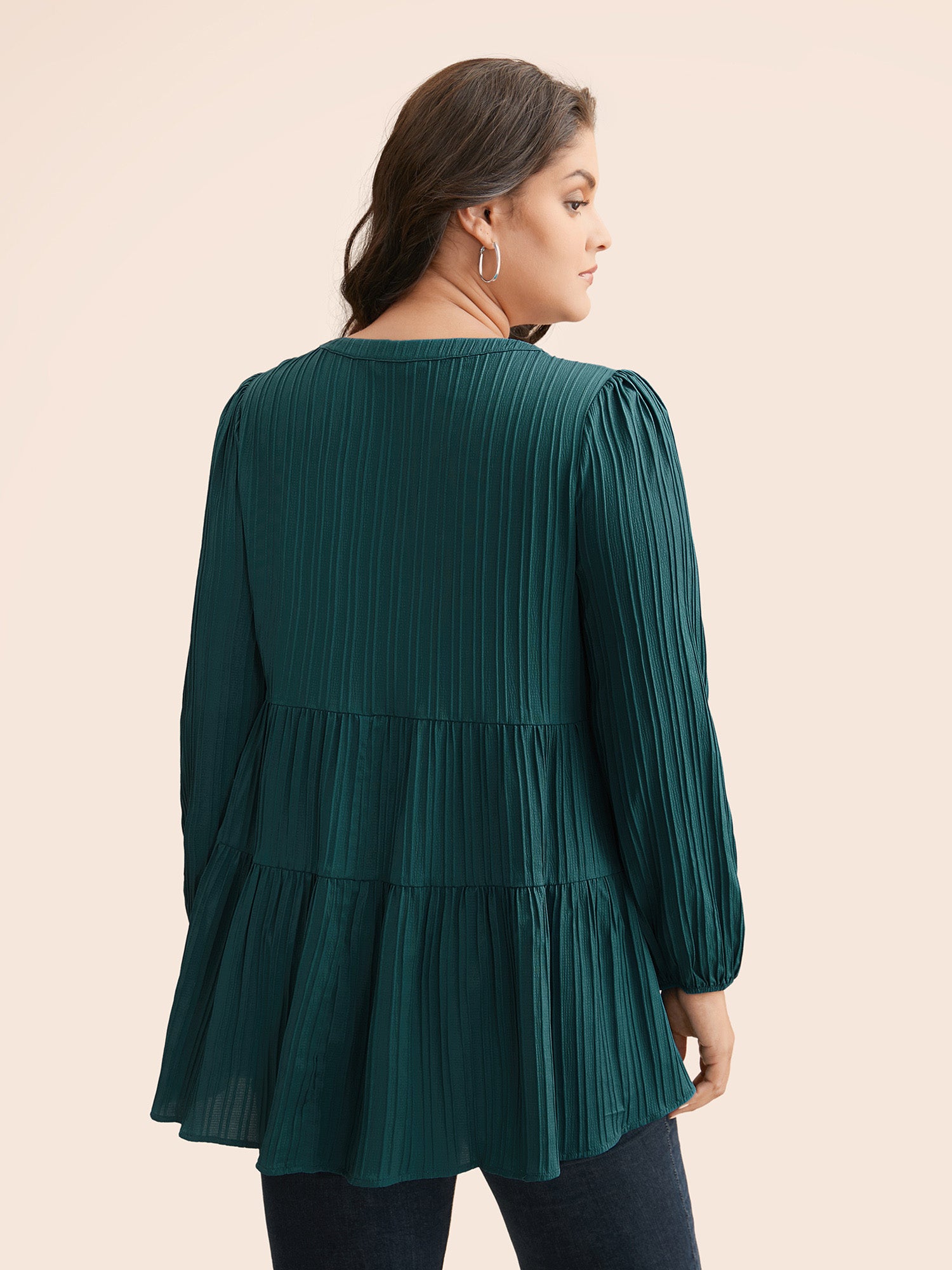 Textured Keyhole Pocket Lantern Sleeve Blouse