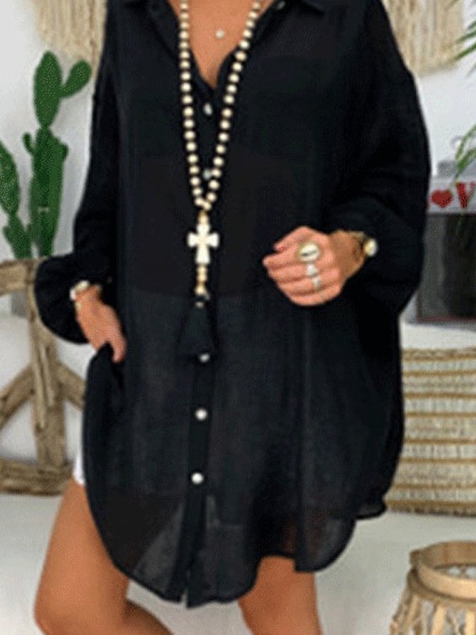 Ladies Spring/Summer Solid Color Casual Long Sleeve Shirt