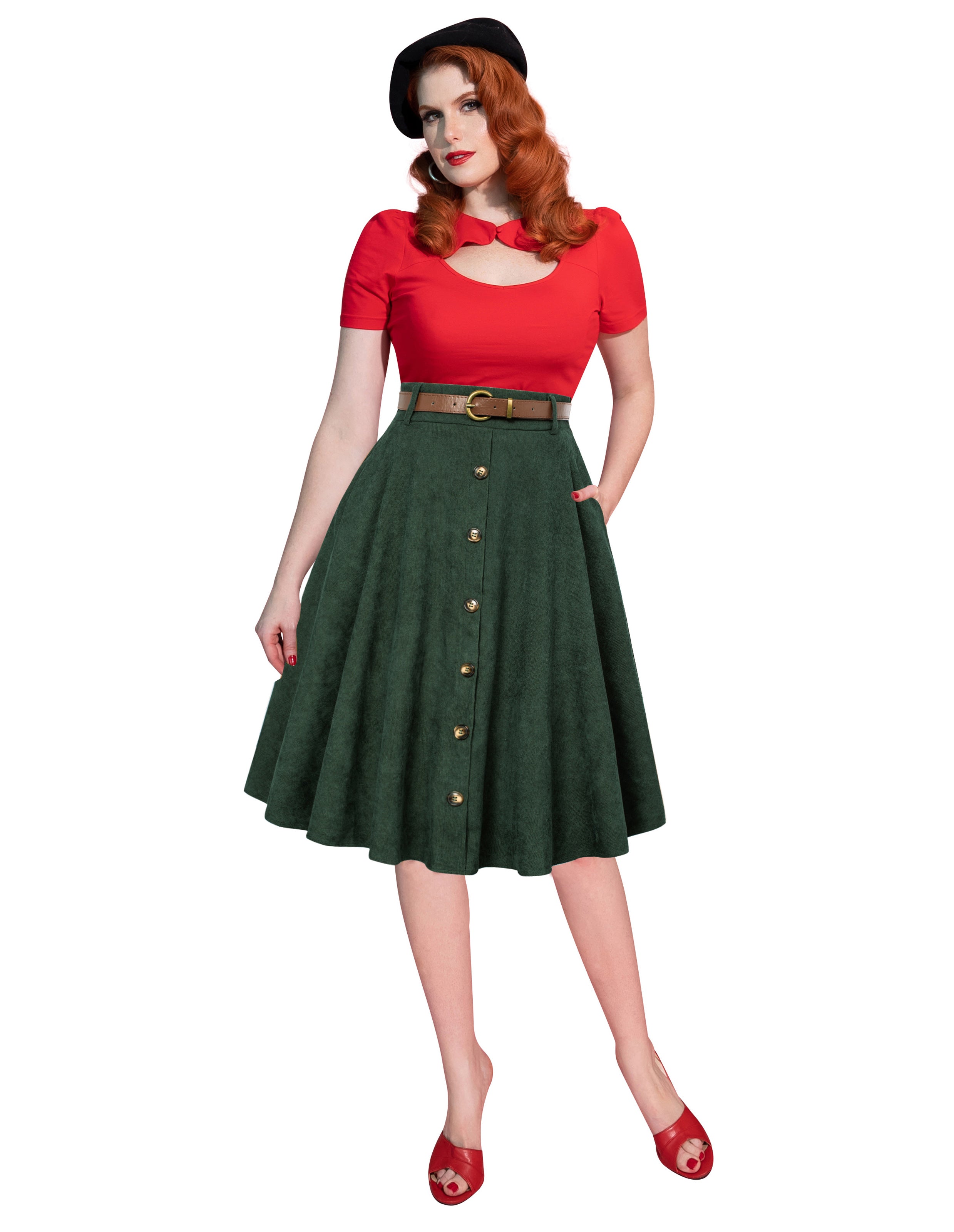 Corduroy Skirt with Belt Elastic High Waist Mid-Calf Swing Skirt