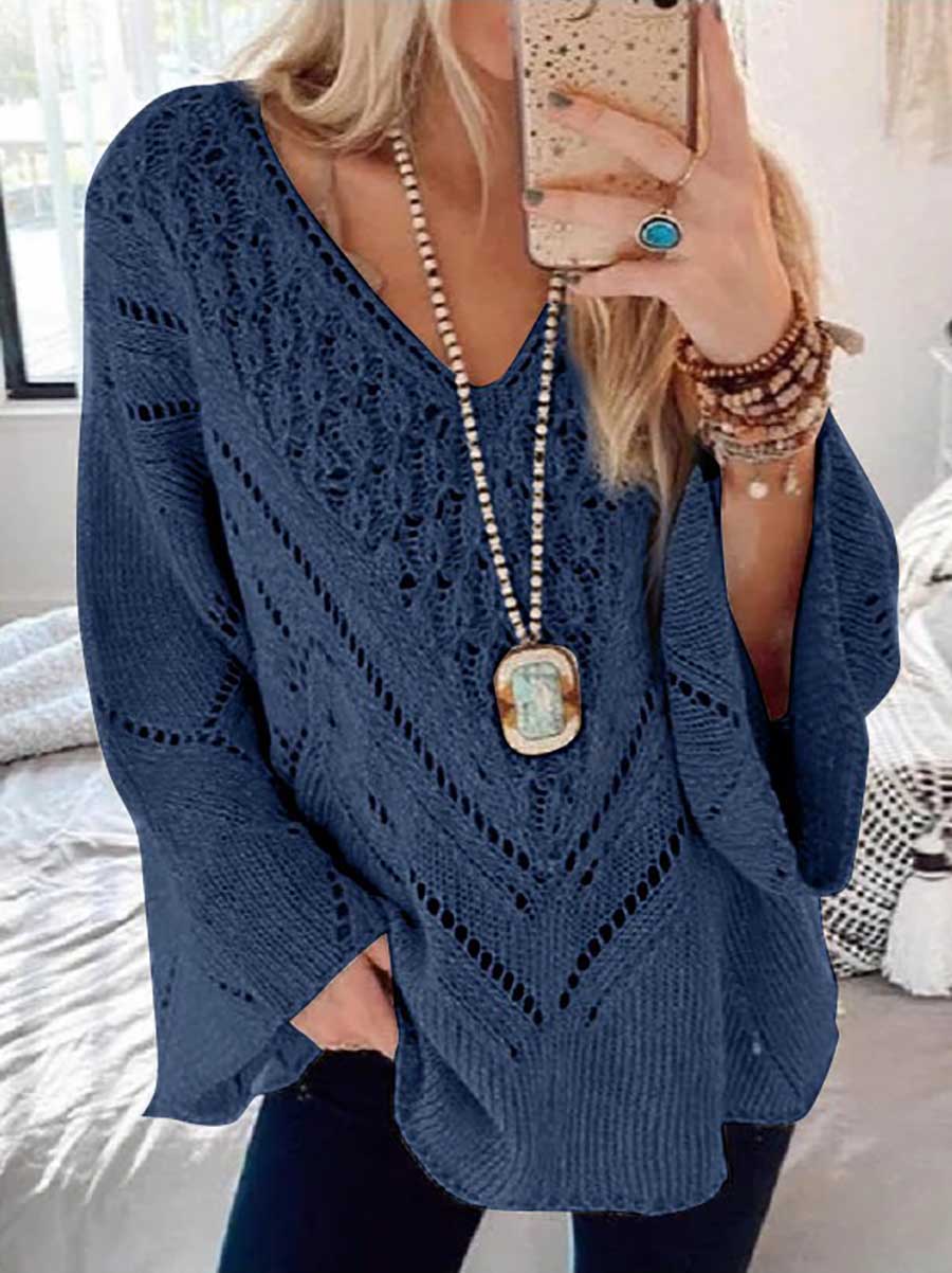 Cutout V-Neck Flared Sleeve Sweater