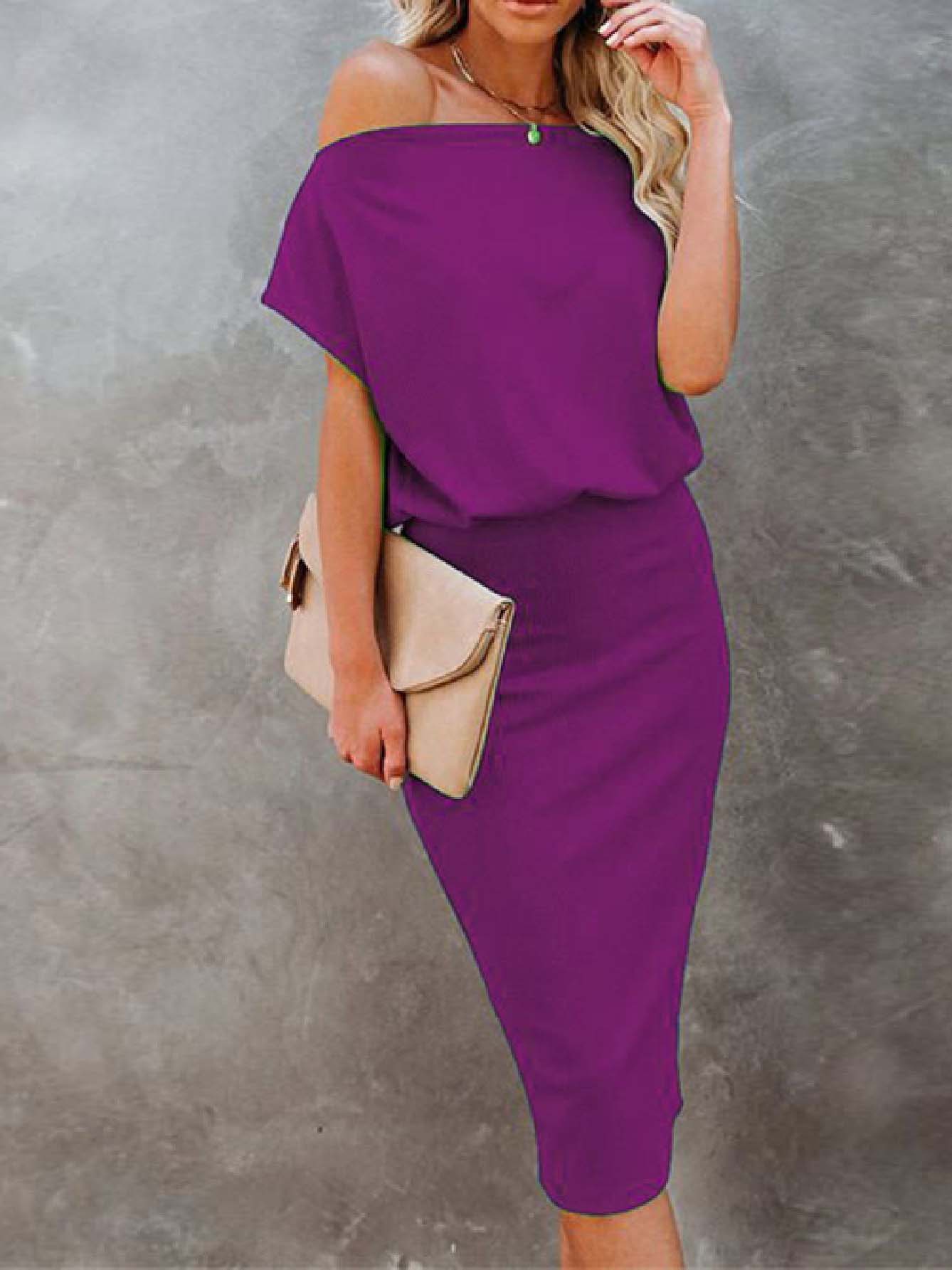 Cold Shoulder Plain Half Sleeve Pencil Dress(8 Colors
