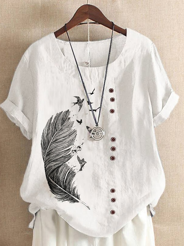 Women's Shirt Linen Shirt Blouse White Blue Feather Button Print Short Sleeve Casual Basic Round Neck Regular S