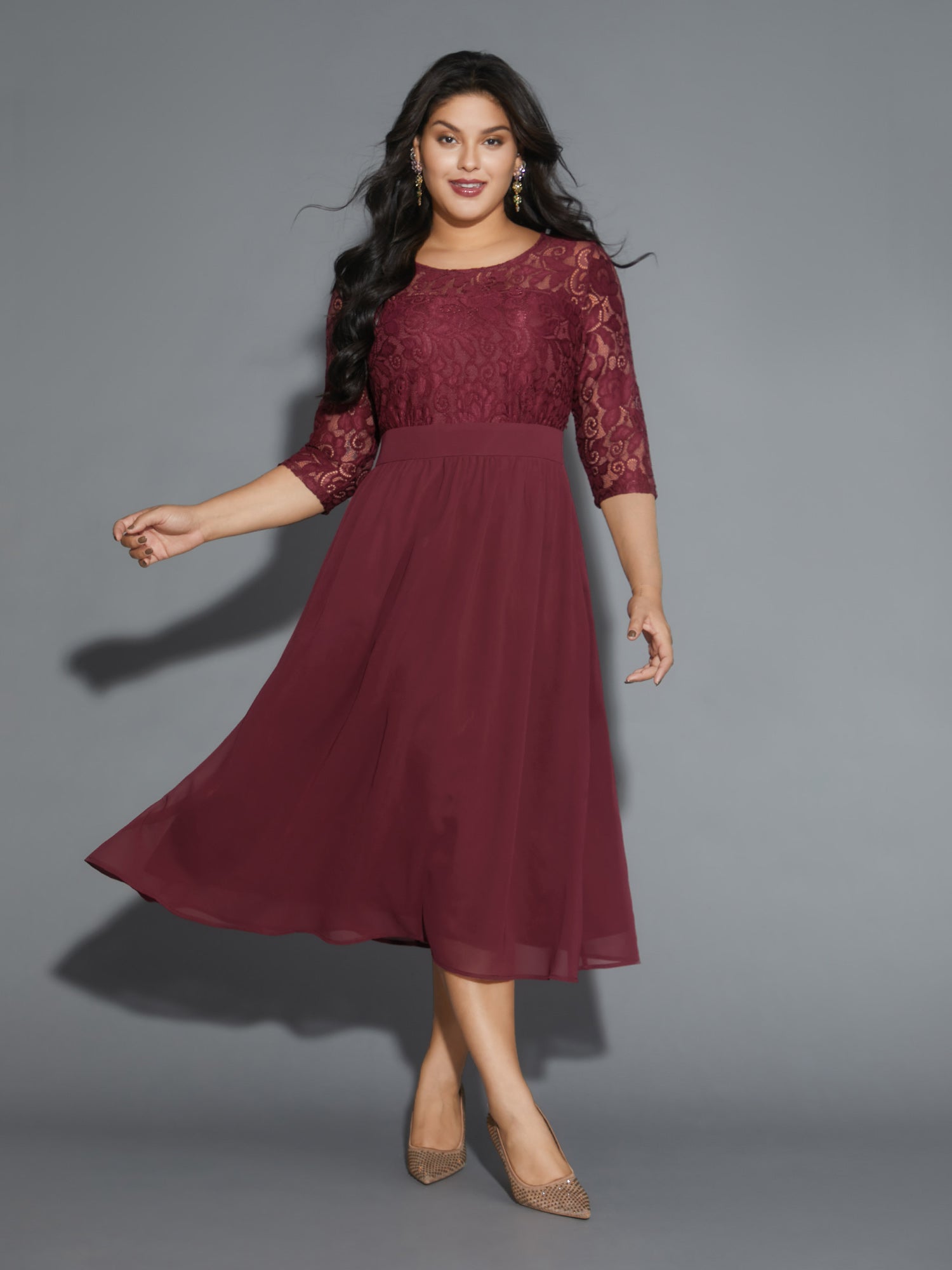 Lace Patchwork Shirred Midi Pocket Dress