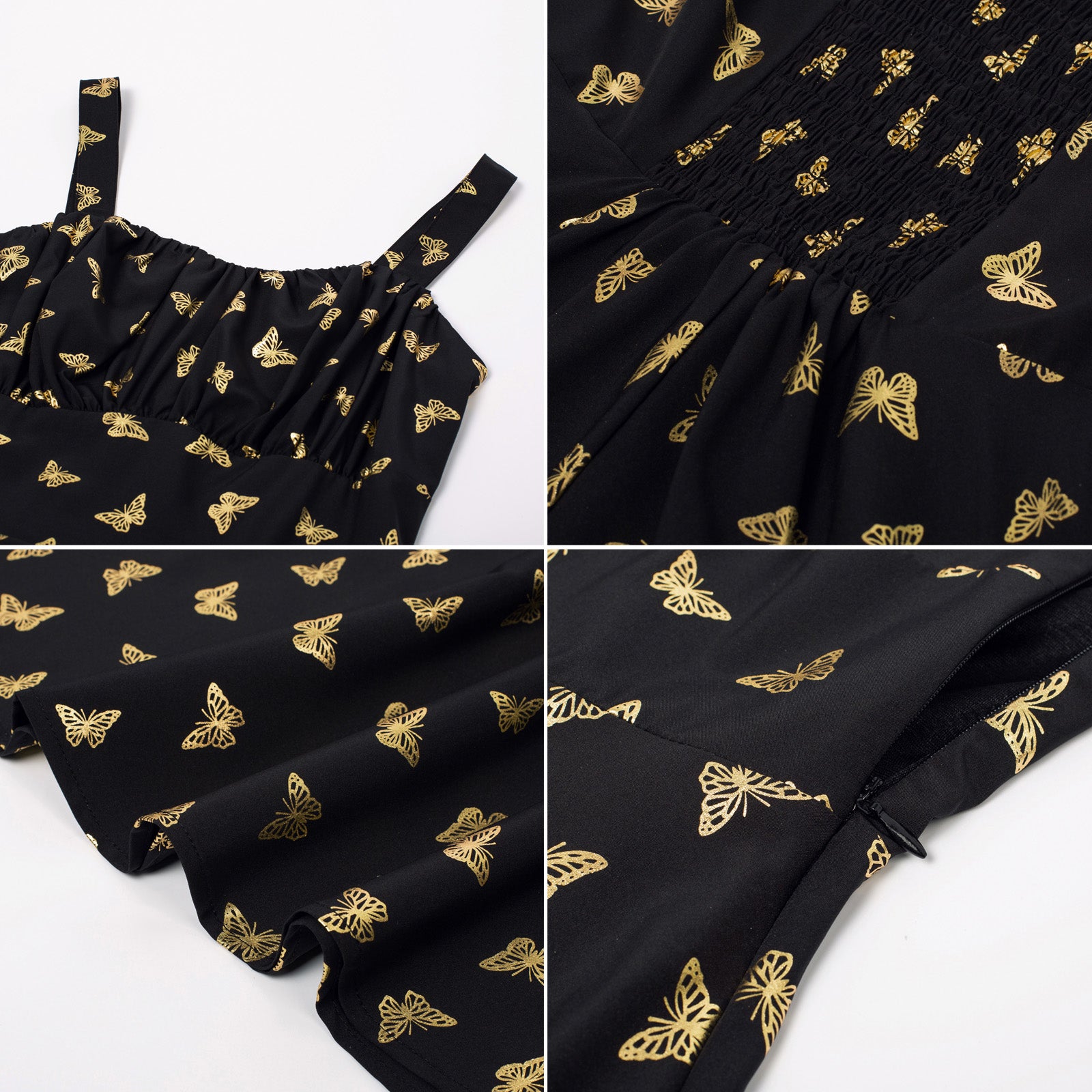 Vintage Sleeveless Butterfly Ruched A-Line Flowy Swing Midi Dress