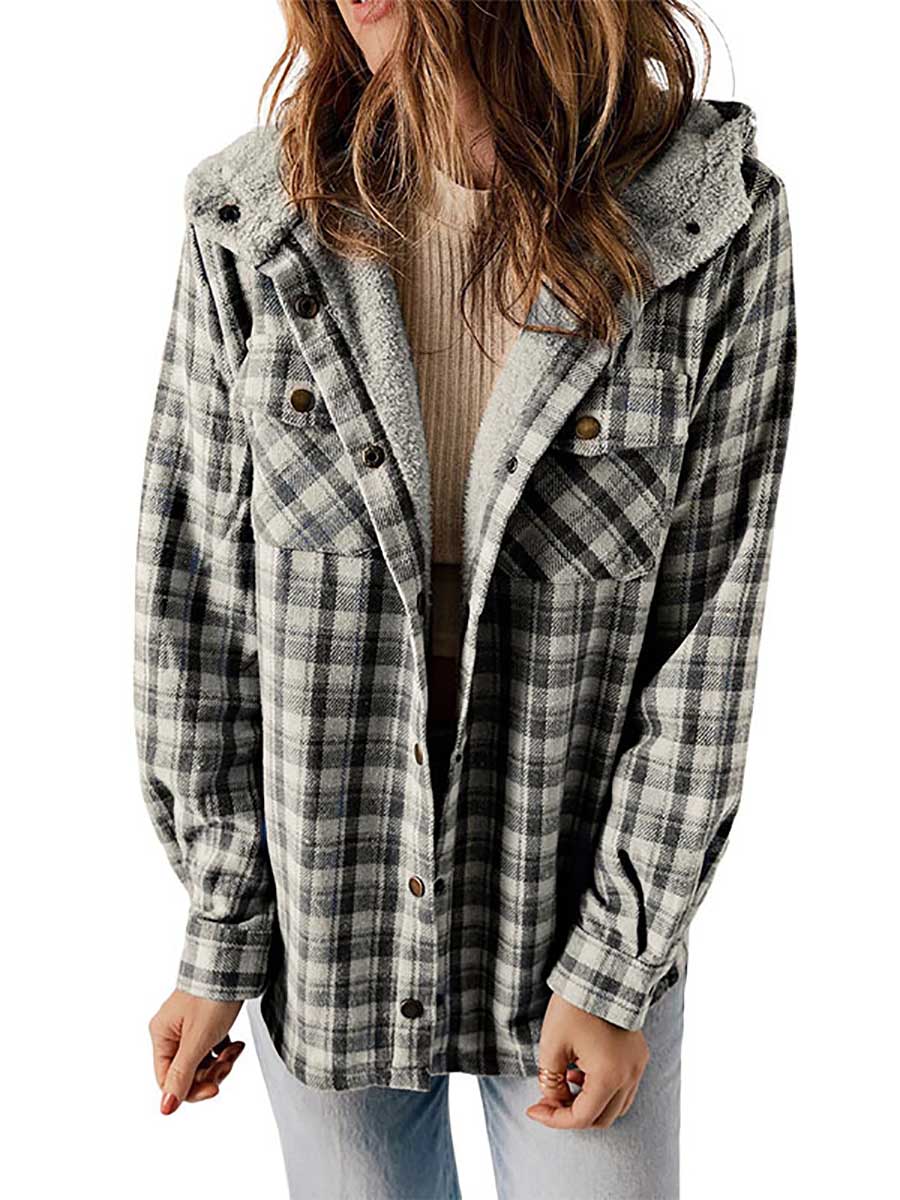 Plaid Long Sleeve Shirt Hooded Thickened Jacket