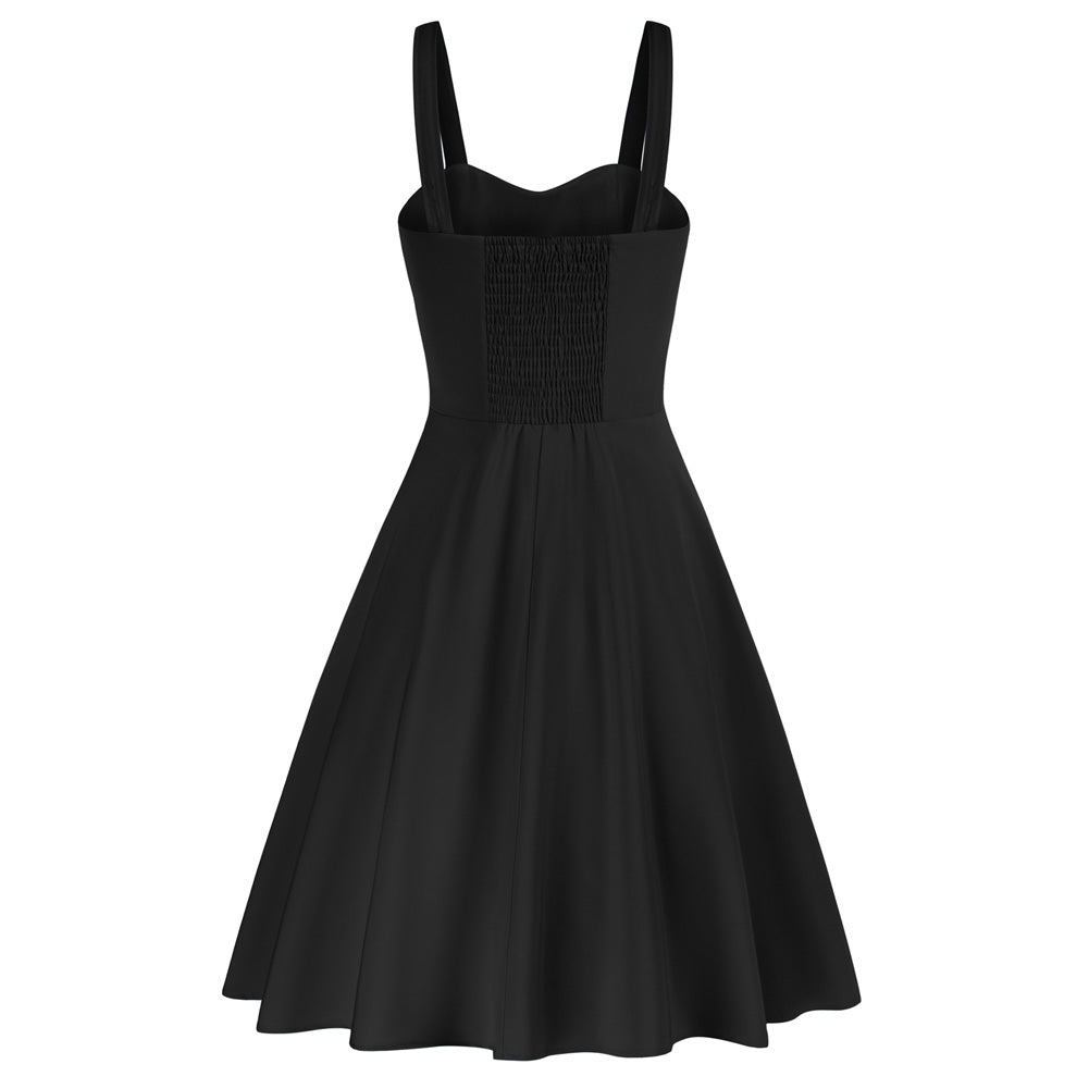 Vintage Solid Color Two-Way Defined Waist Dress Ruched Bodice Flared A-Line Dress