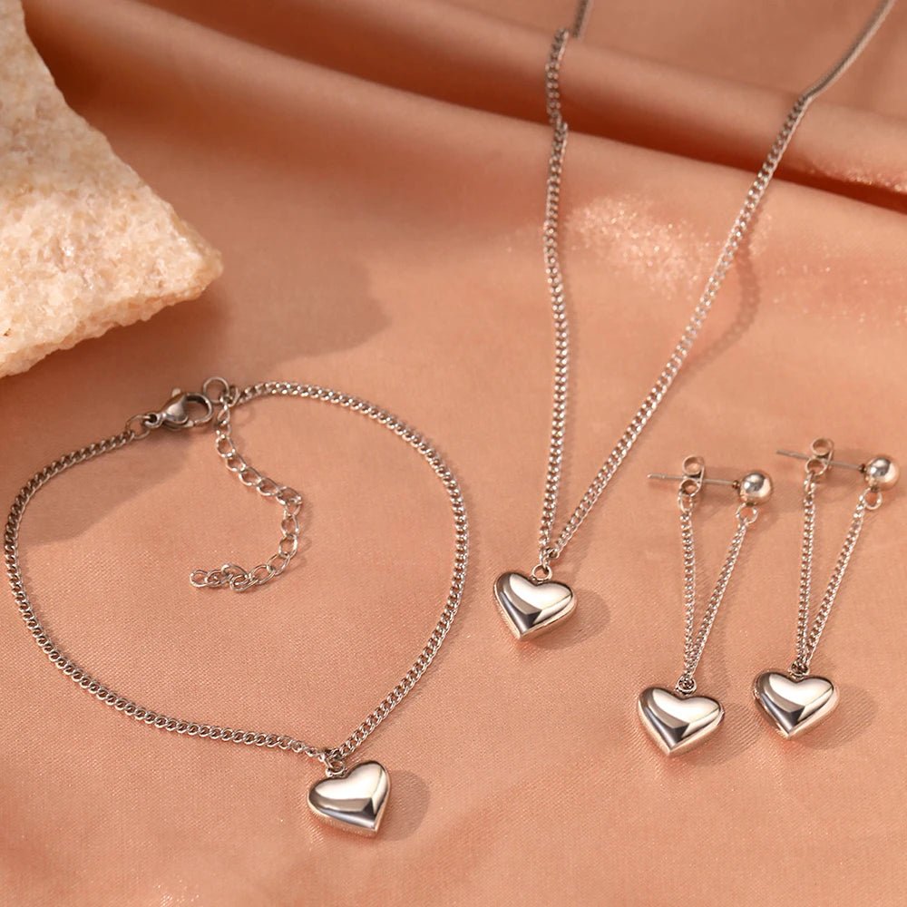 Dainty Heart Chain Necklace. Bracelet. and Earring Set