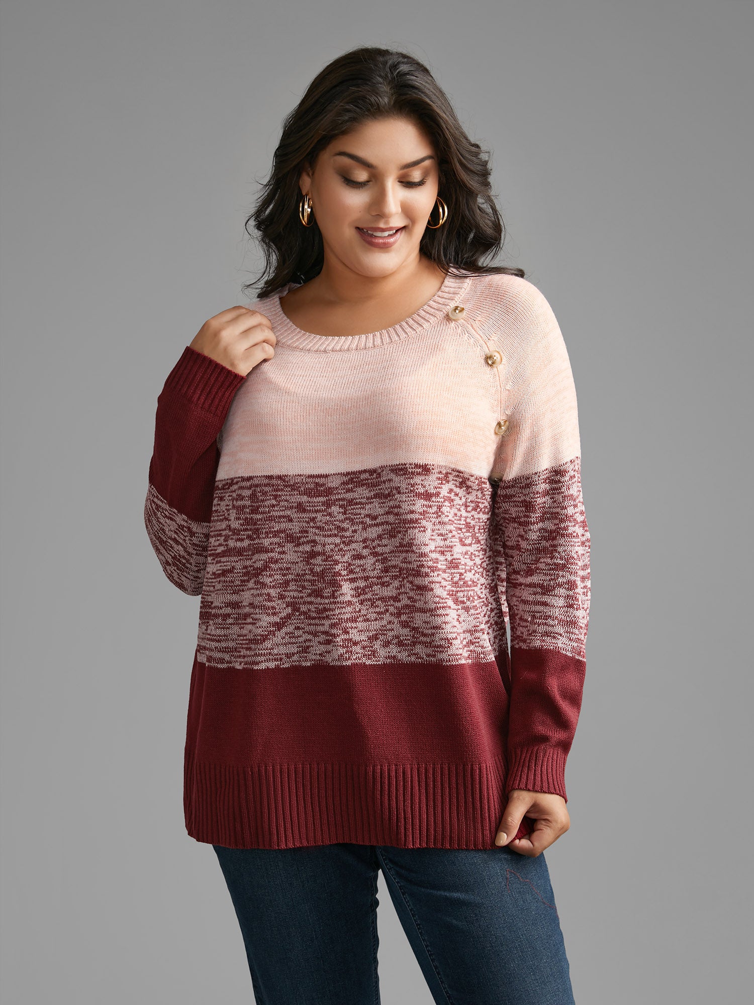 Colorblock Contrast Heather Button Detail Pullover