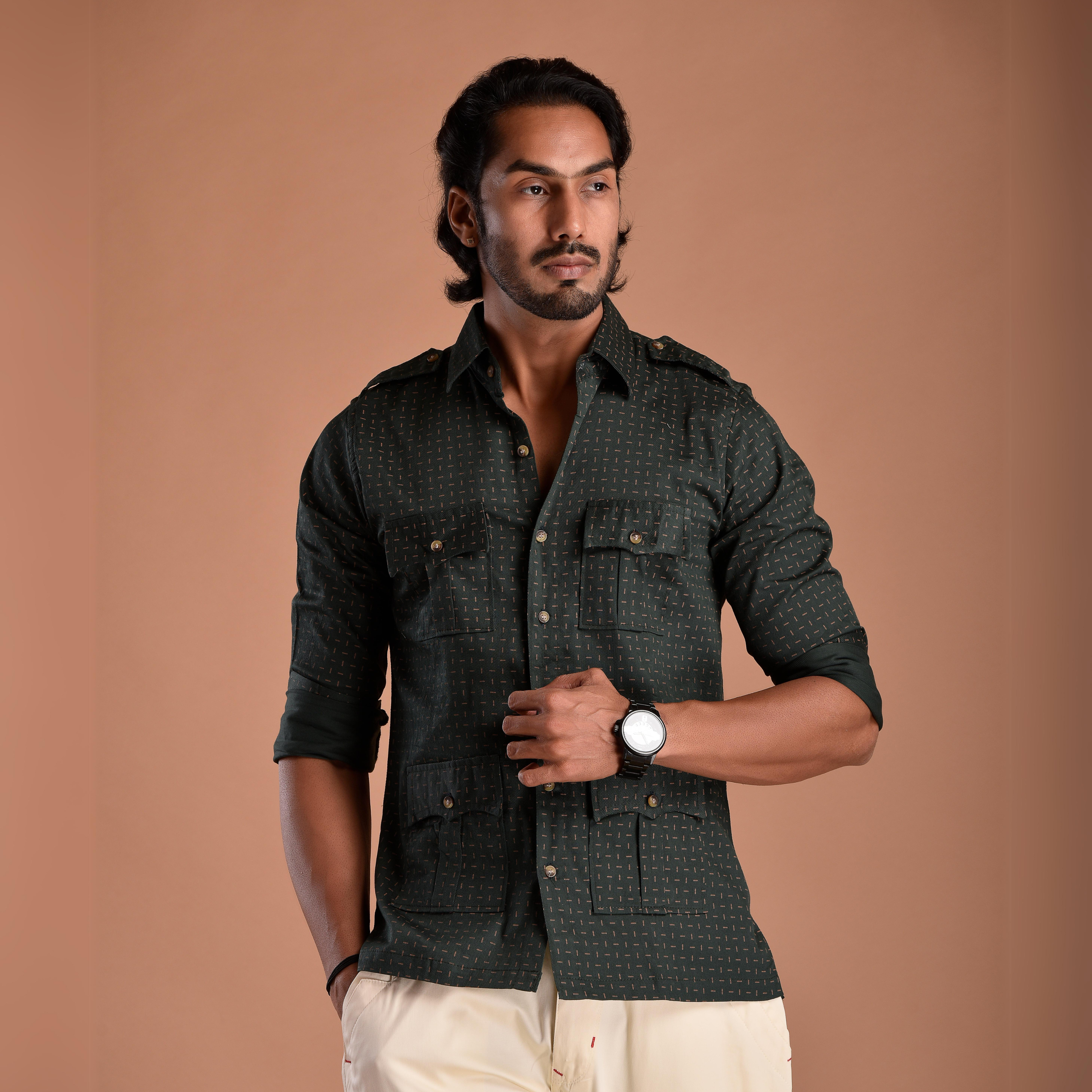 Dark Green Hunting Style Cotton printed Shirt