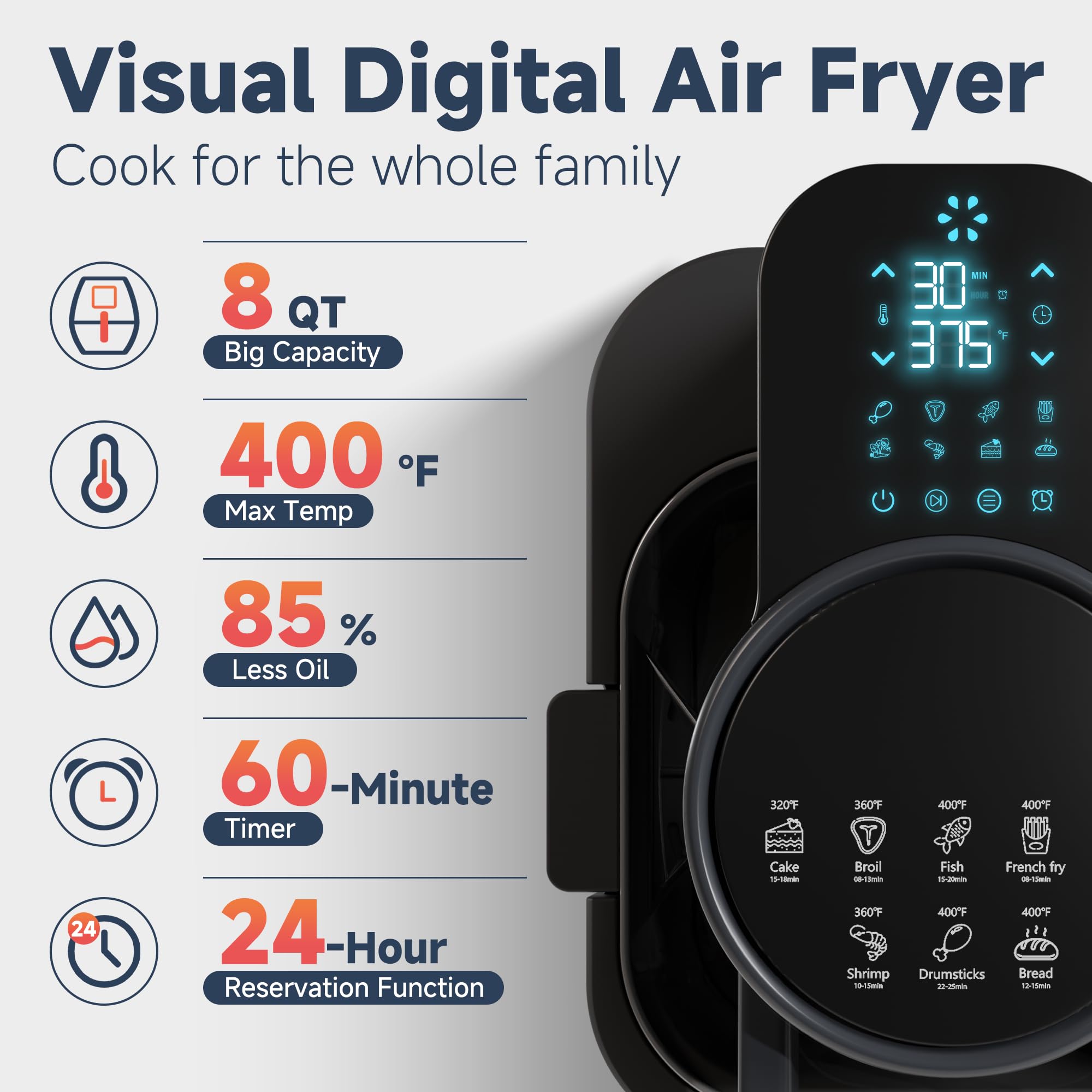 8QT 6-In-1 Easy View Non Toxic Air Fryer, Non-drawer, Precise Temp & Timer Control, Pre-Set Timer, Auto Shutoff, Roast, Bake, Reheat & Dehydrate