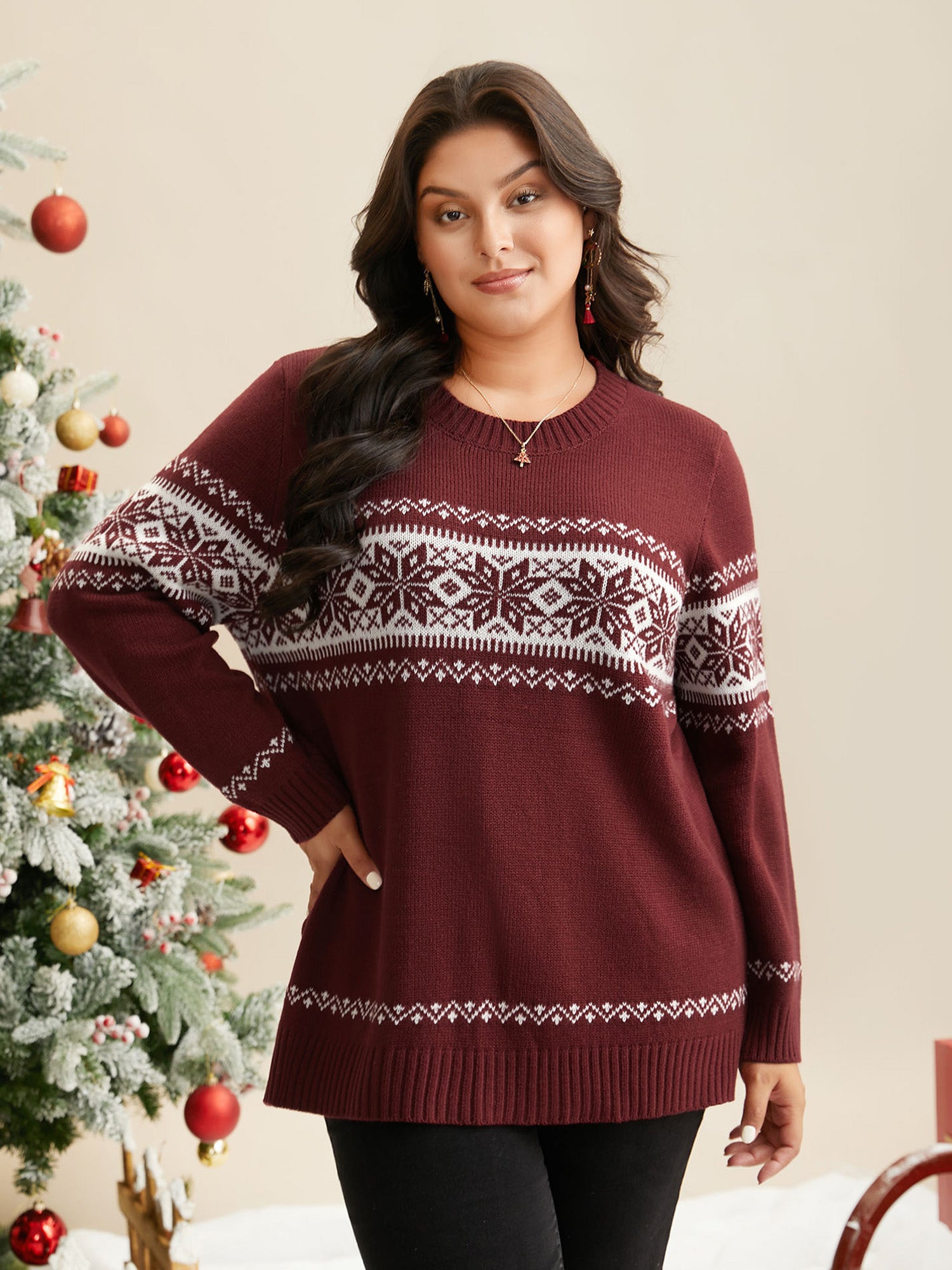 Snowflakes Embroidery Crew-Neck Pullover