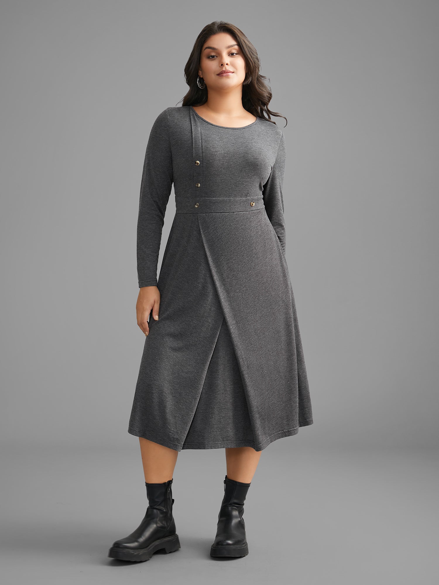 Solid Button Detail Wrap Hem Knit Dress
