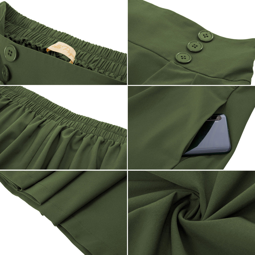 Leaf Patterns Pleated Buttons Decorated Elastic Waist High Waist Swing A-Line Skirt with Pockets