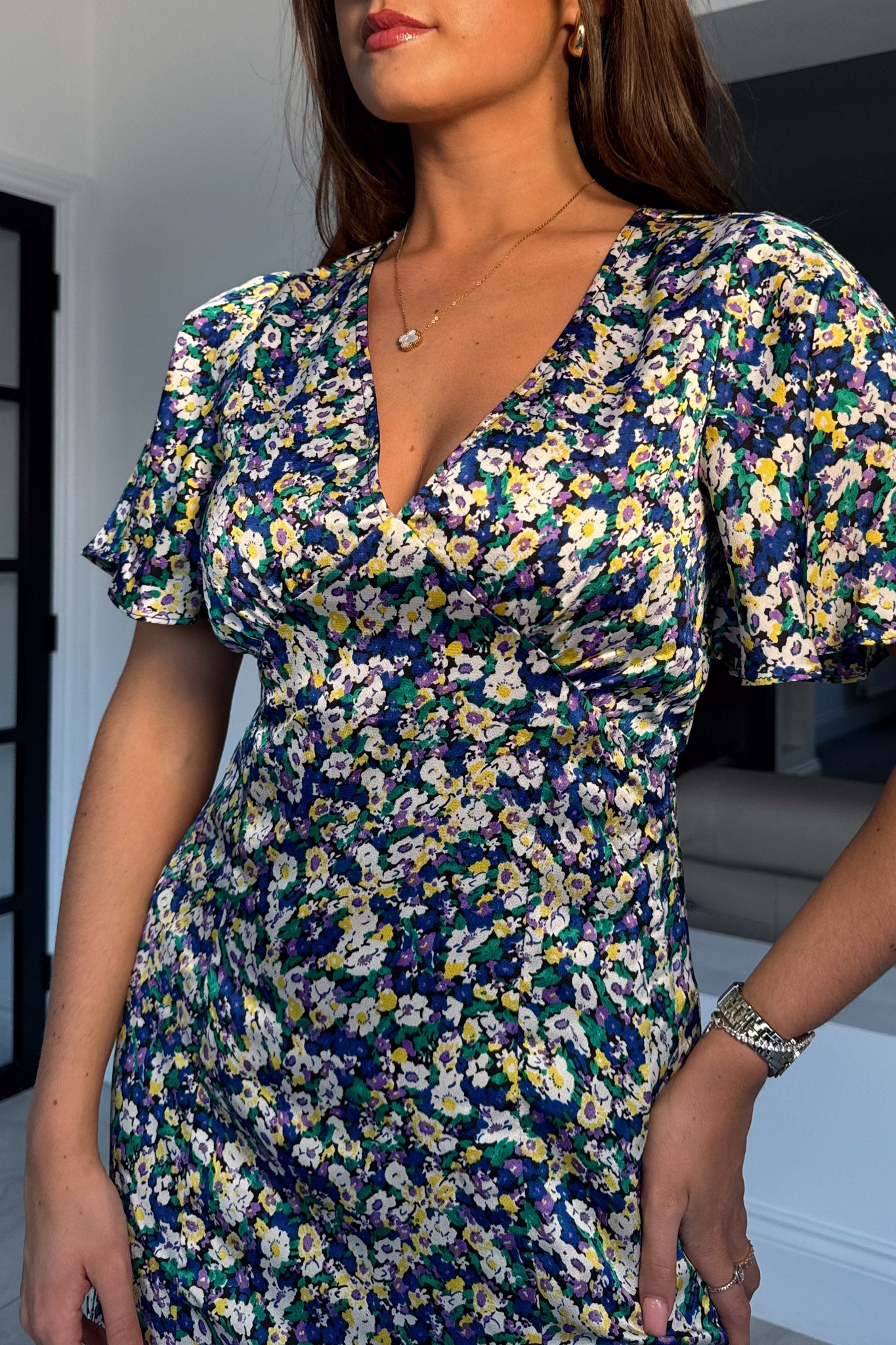 Levi Ditsy Floral Angel Sleeve Split Leg Midi Dress