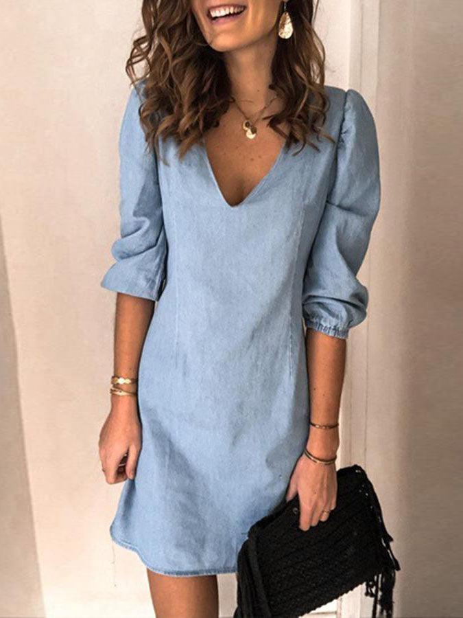 V-neck Half Sleeve Denim Mini Dress