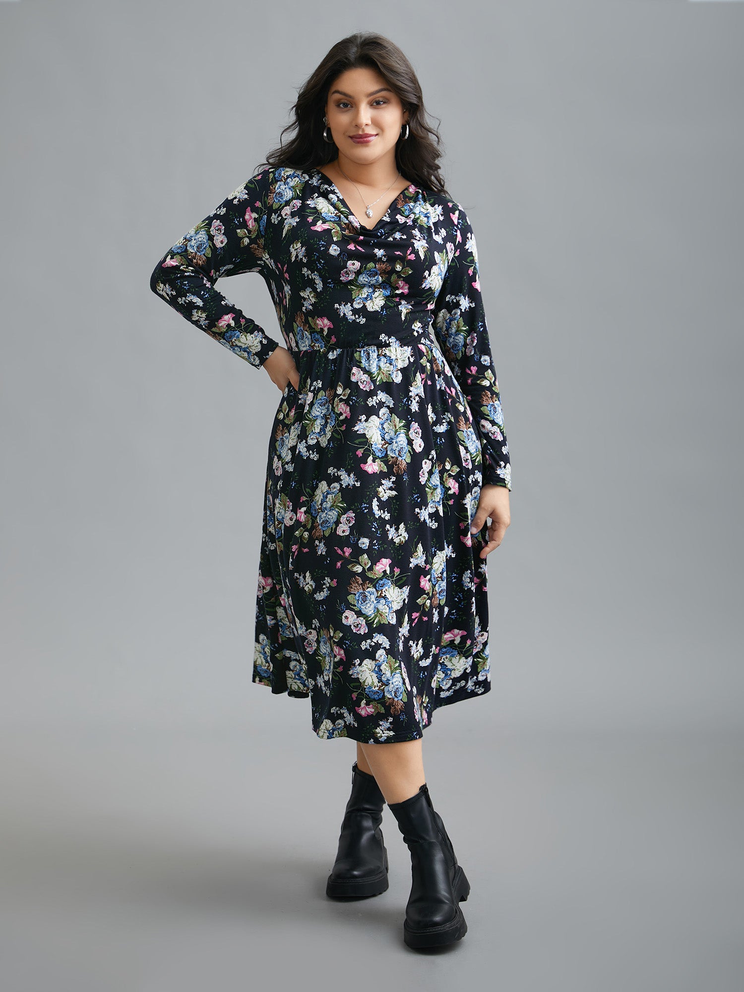 Super Soft Cowl Neck Knit Floral Dress