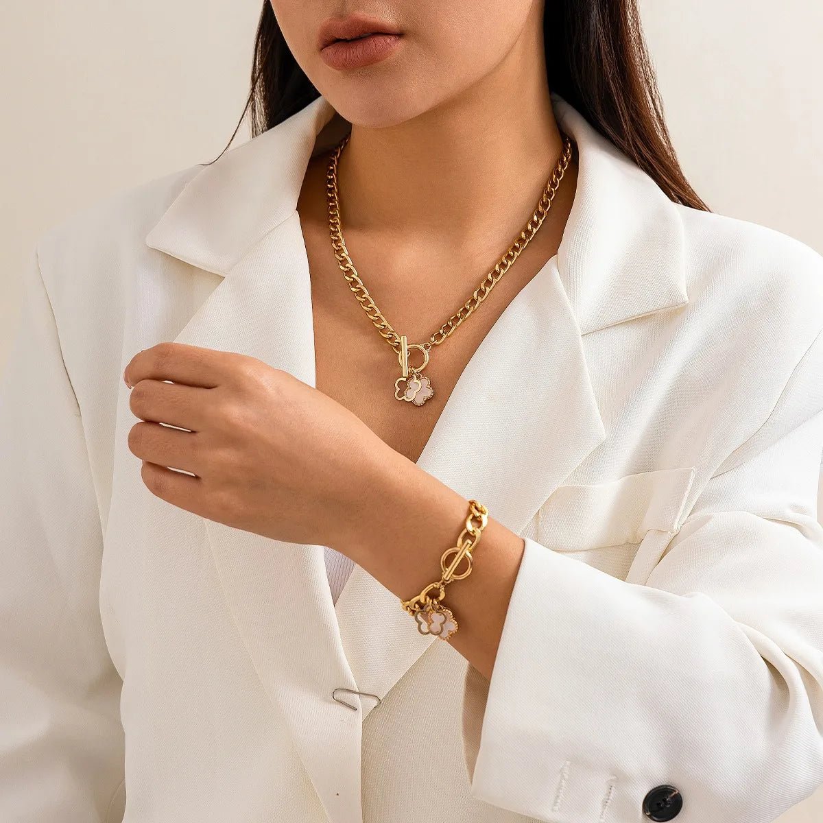 Lucky Floral Clover Bracelet and Necklace Set