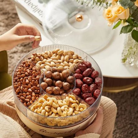 5 Grid Snack Plate With Lid Moisture-Proof 360 Rotating Candy Nut Storage Plate