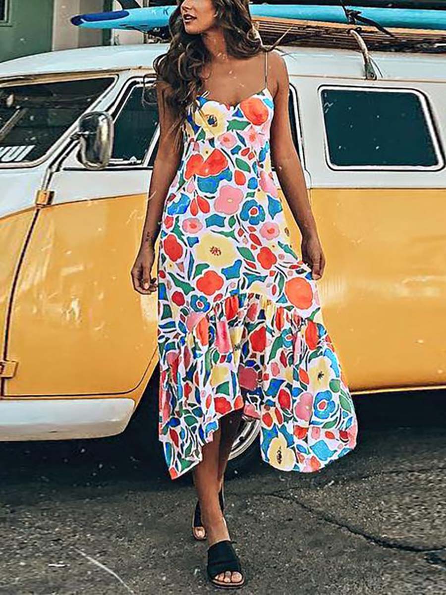 Floral Printed Summer Backless Mid Calf Dress With Pocket