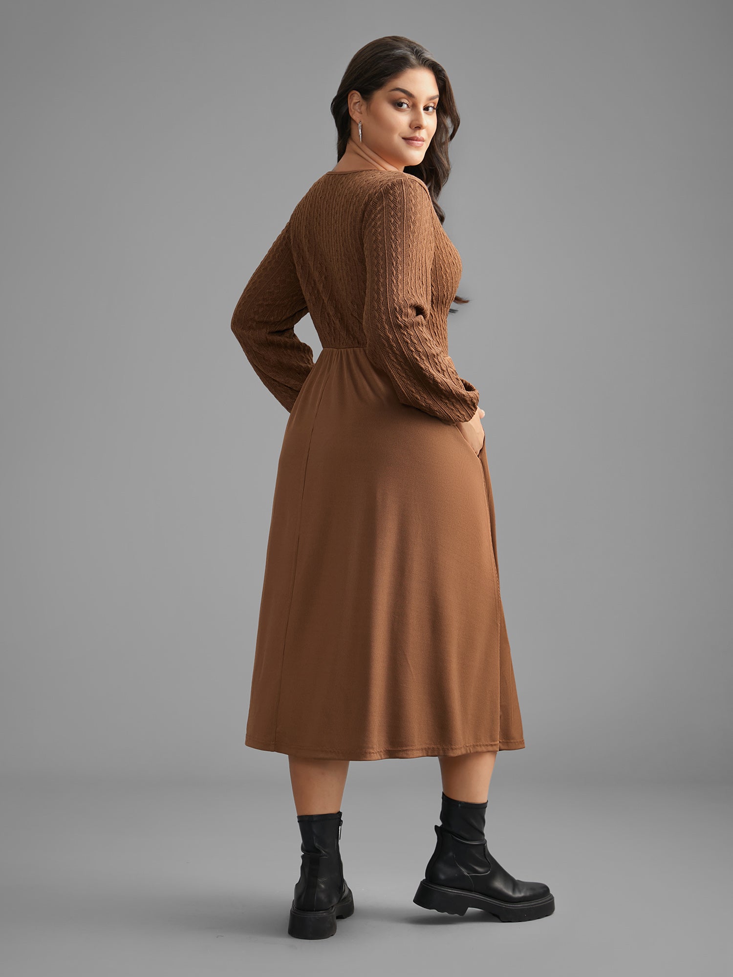 V Neck Textured Patchwork Knit Dress