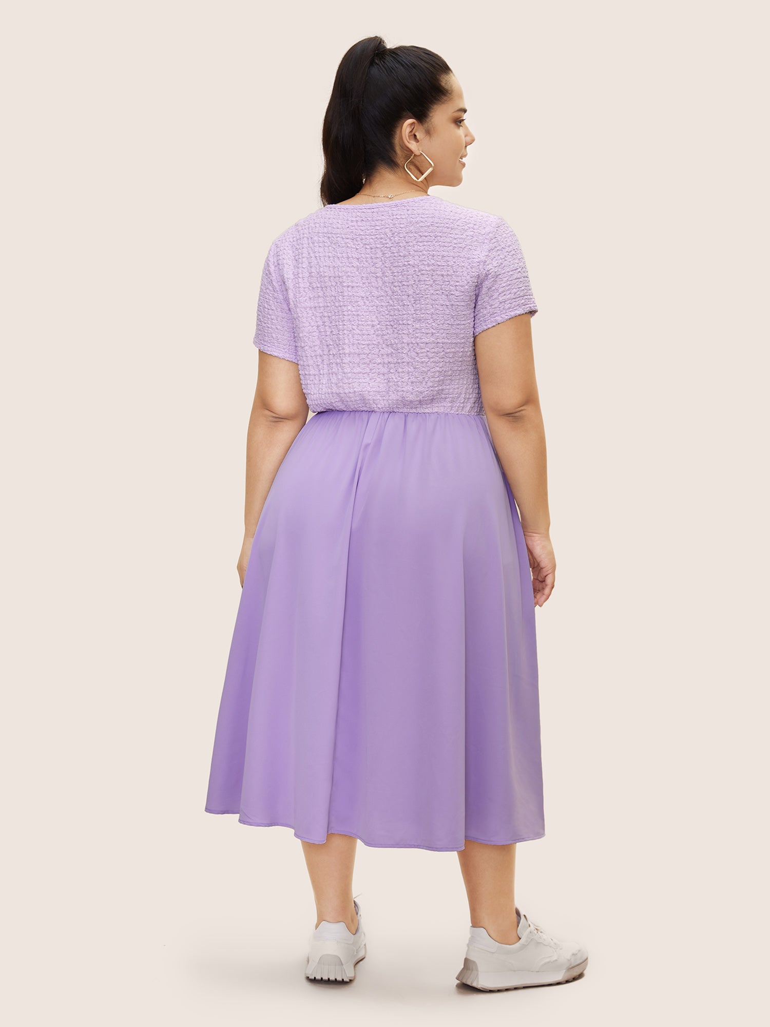 V Neck Solid Textured Patchwork Midi Dress