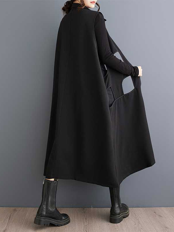 Loose Sleeveless Hollow Solid Color Zipper Lapel Midi Dresses