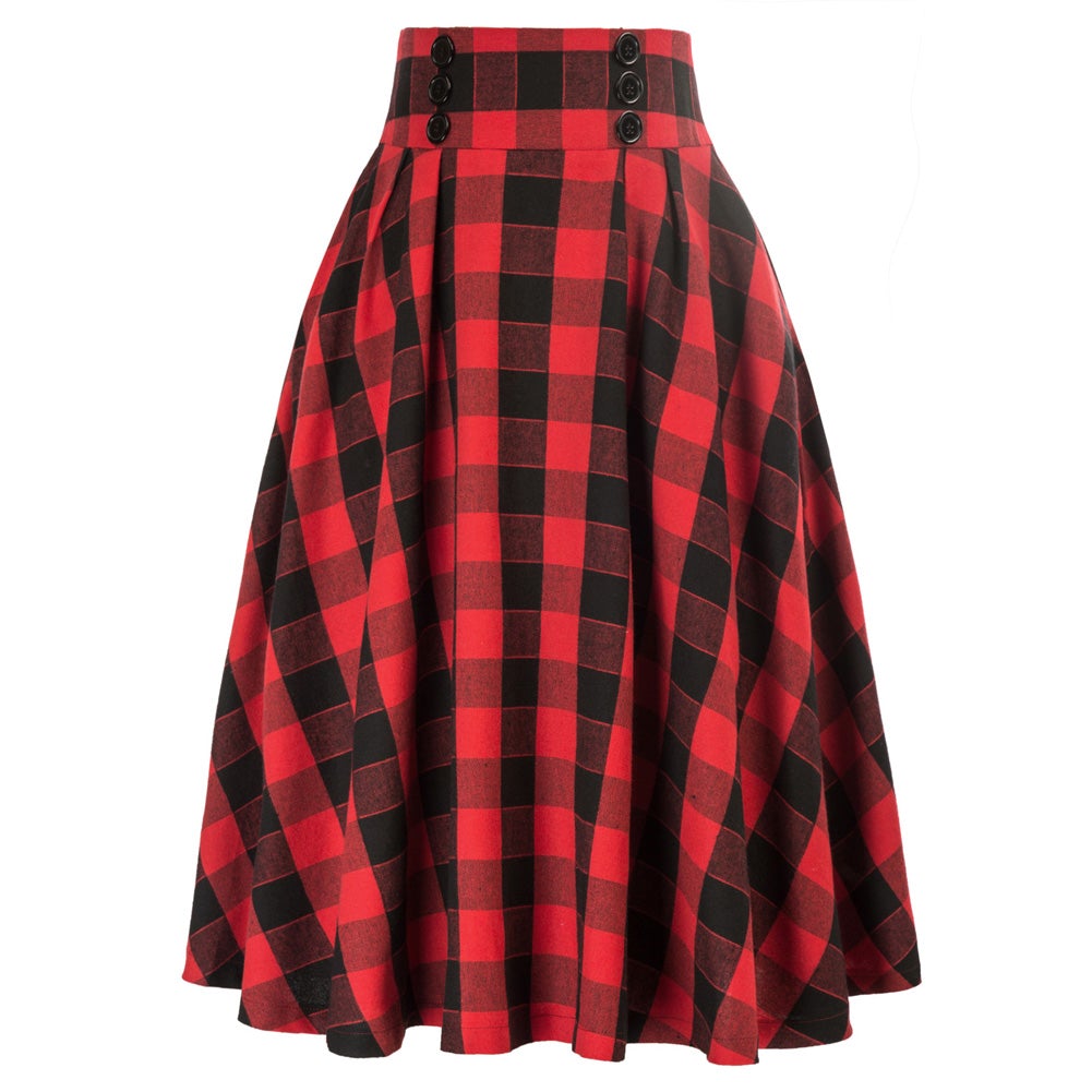 Vintage Fans Look of Elastic Waist Plaided Skirt High Waist Buttons Decorated Flared A-Line Skirt