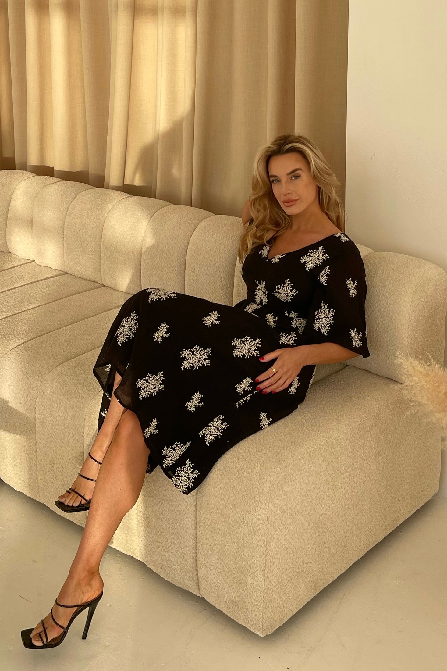 Lane Embroidered Angel Sleeve Midi Dress Black