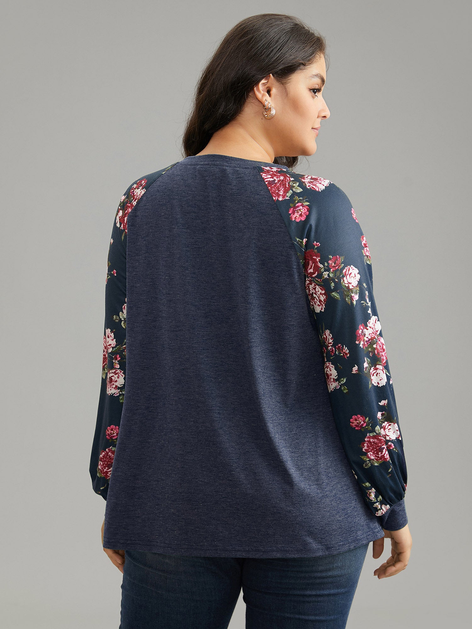 Floral Patchwork Crew Neck Raglan Sleeve T-shirt