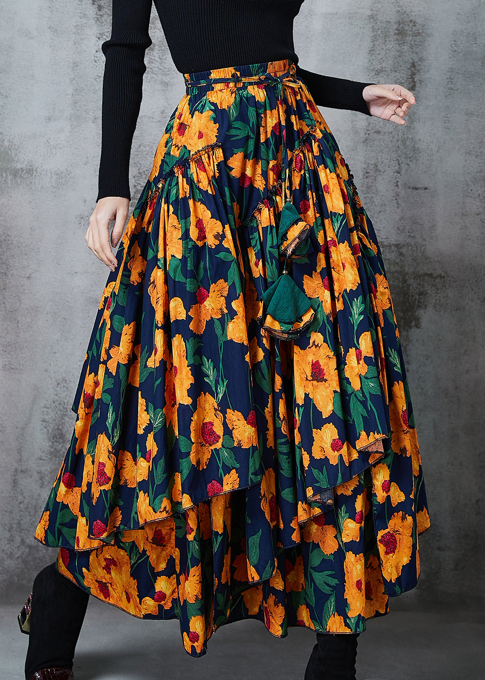 Yellow Print Exra Large Hem Chiffon Skirt Spring