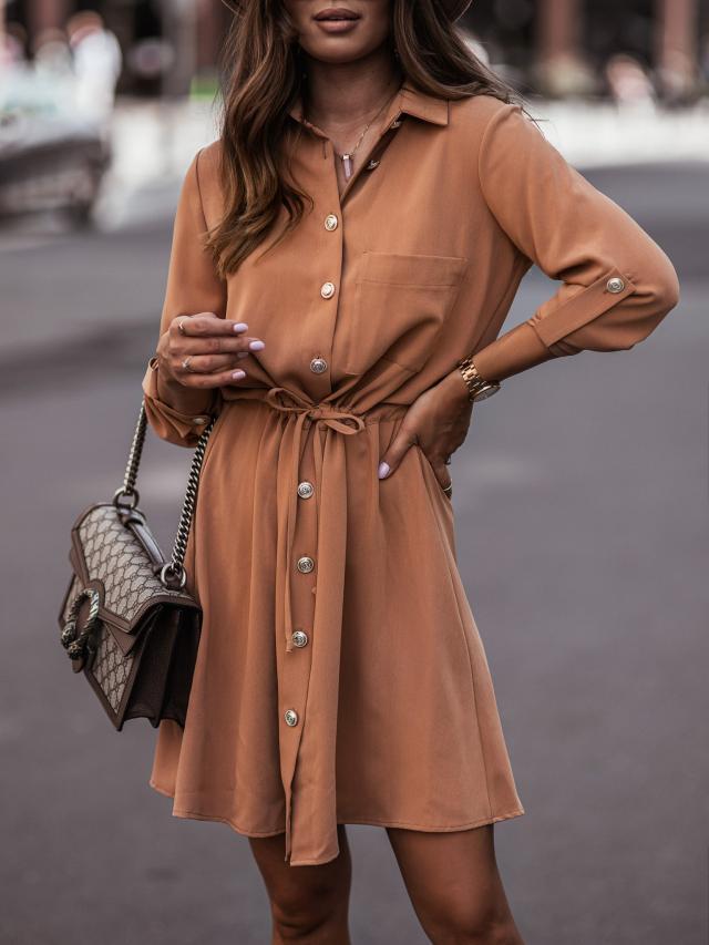 Waist Tie Button Pull Sleeve Dress