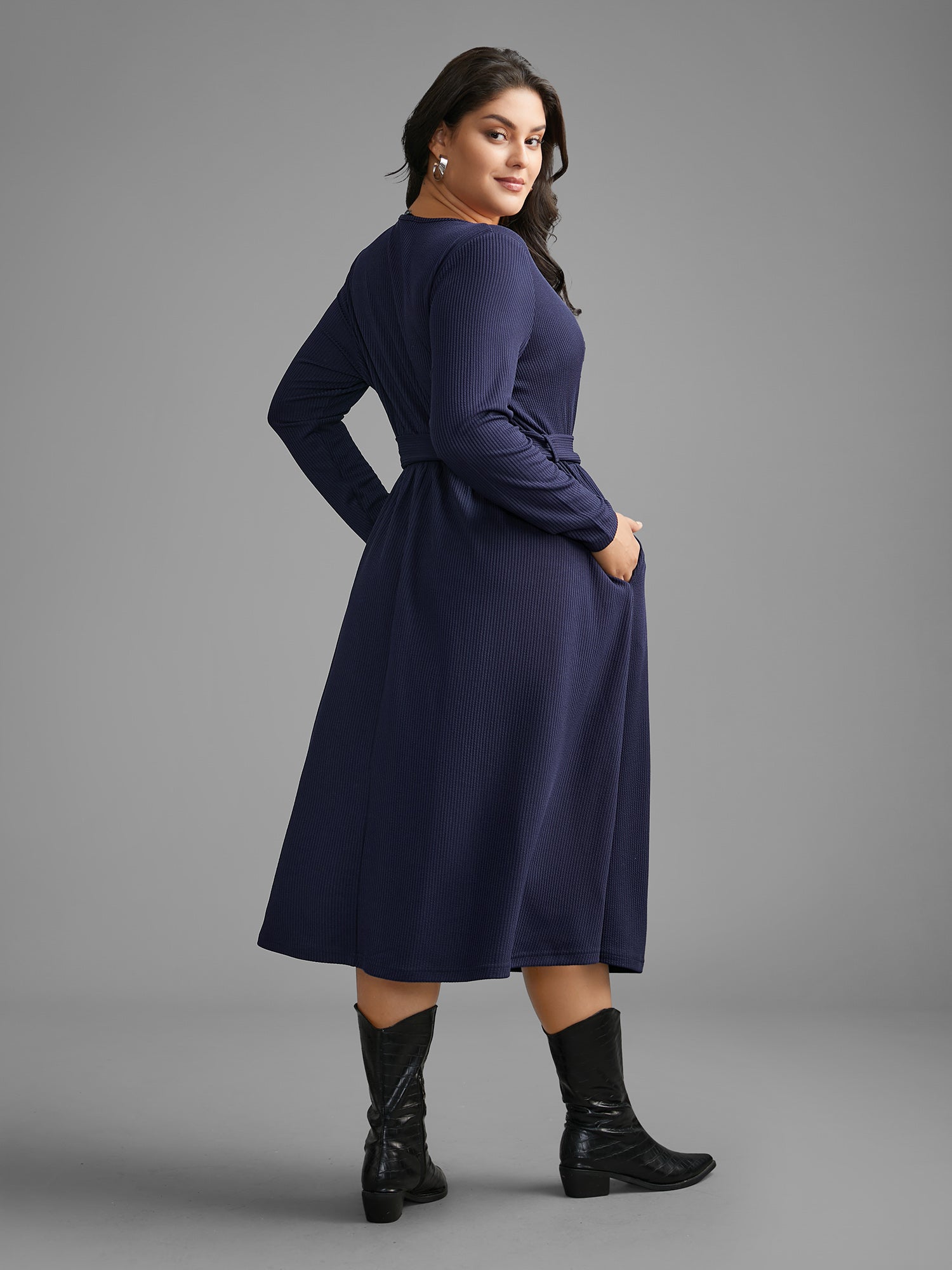 Solid Overlap Collar Belted Knit Dress