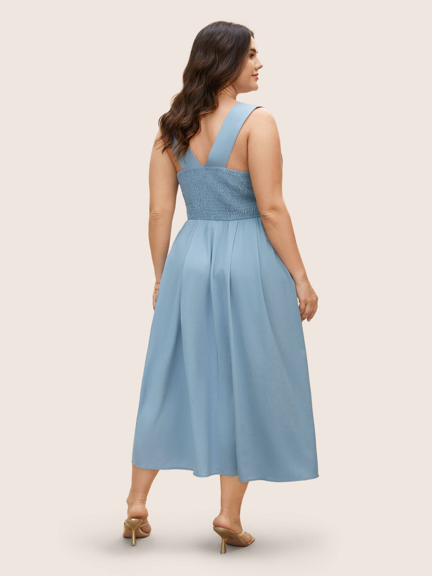 Heart Neckline Crossover Shirred Midi Dress