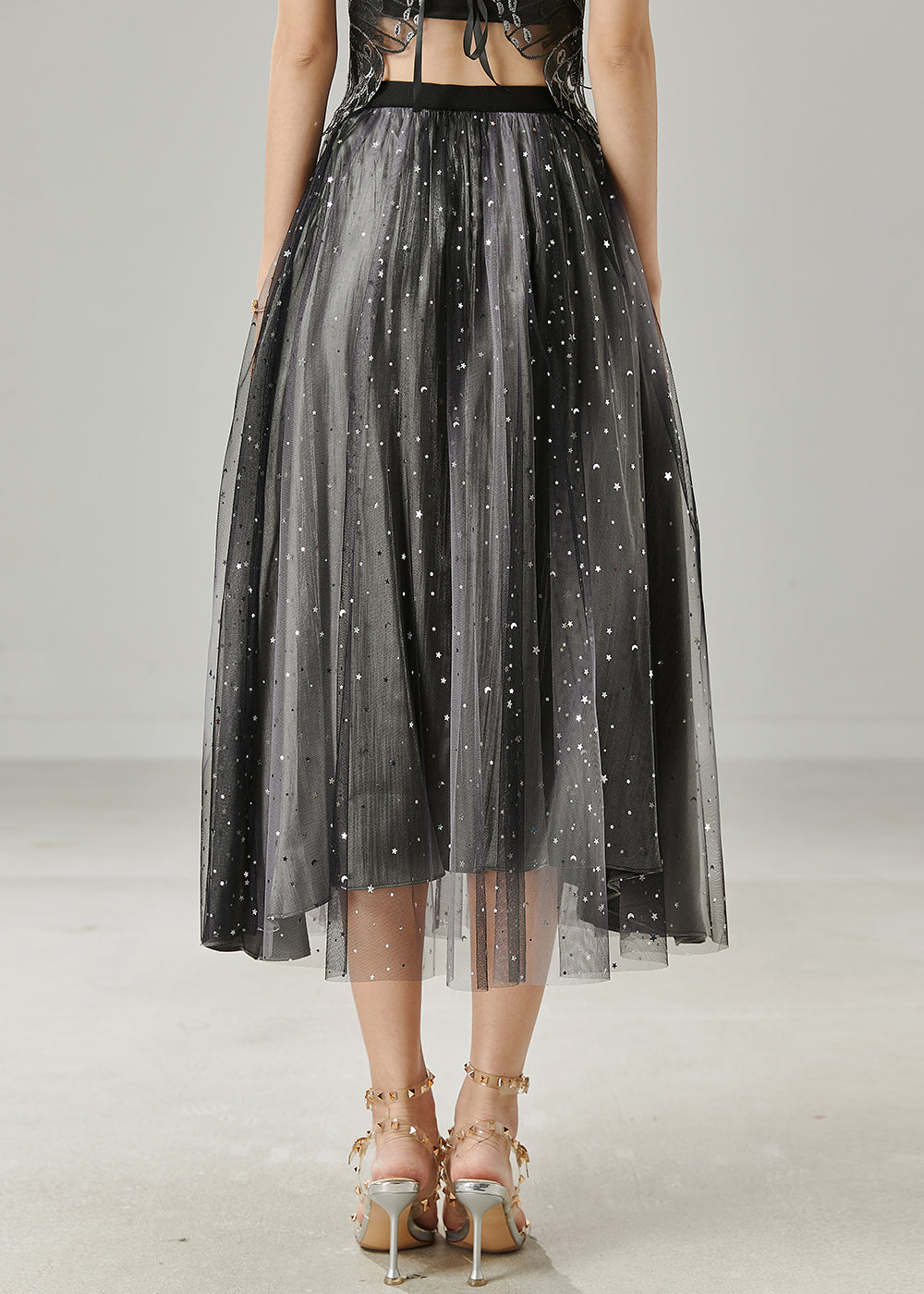 Organic Black Sequins Tulle Pleated Skirt Summer