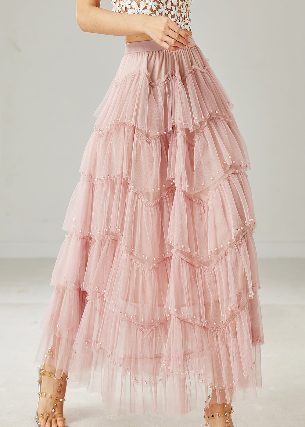 Pink Nail Bead Layered Tulle Beach Skirt Summer
