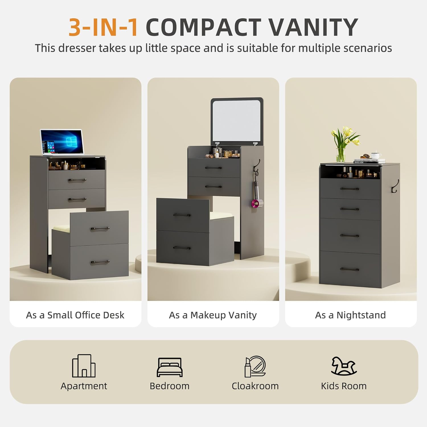 3 in 1 Vanity Desk with Flip Top Mirror for Bedroom