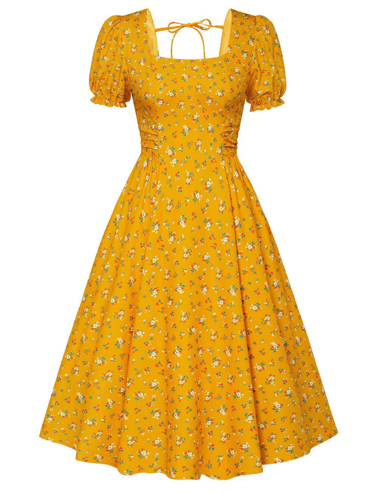 Vintage Floral Patterns Cottagecore Cocktail Dresses Square Neck Puff Sleeve Dress with Pockets