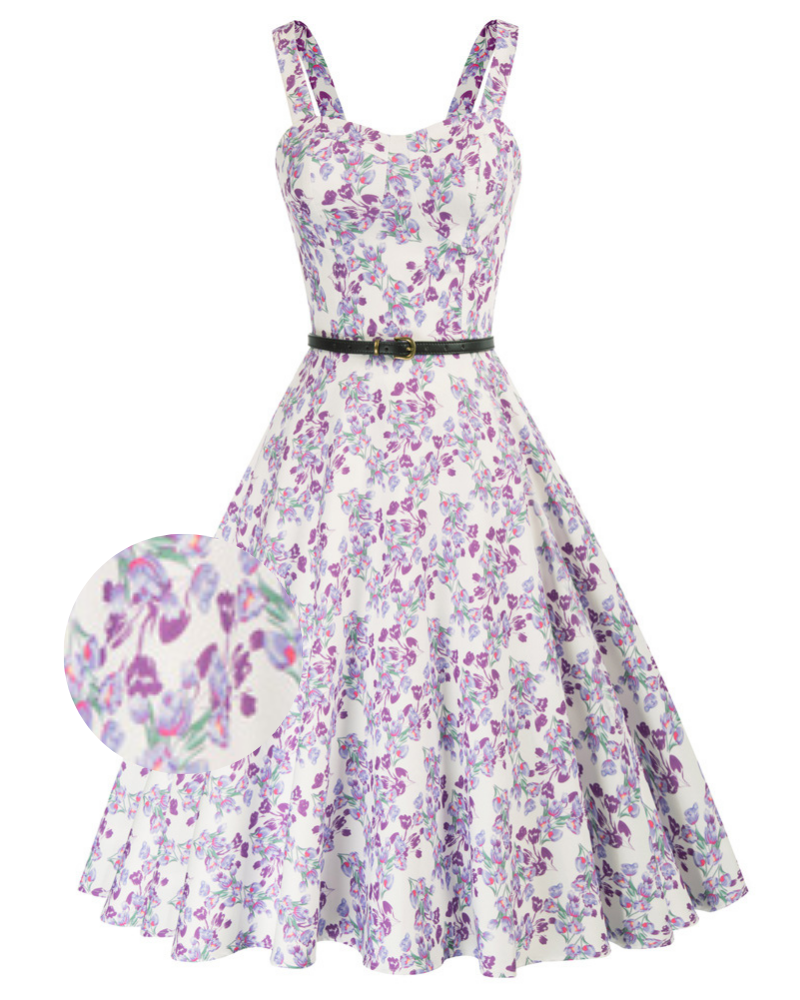 Floral Print Sweetheart Neck Flared A-Line Dress with Belt