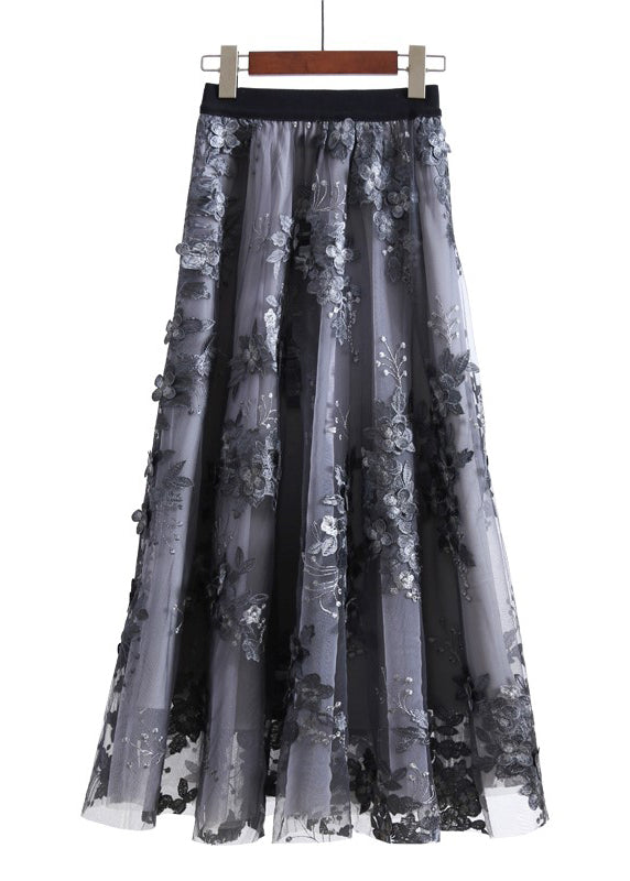 Unique Chocolate Embroidered Floral High Waist Tulle Skirt Summer