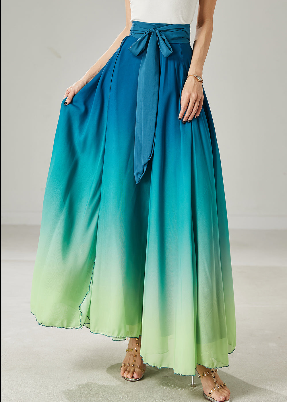 Ethnic Style Gradient Color Exra Large Hem Silk Dance Skirt Summer