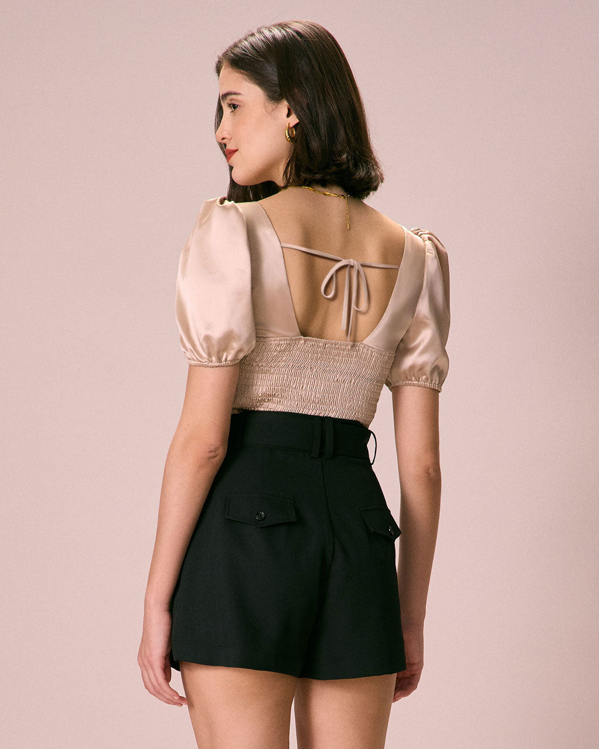 The Apricot Square Neck Ruched Puff Sleeve Satin Blouse