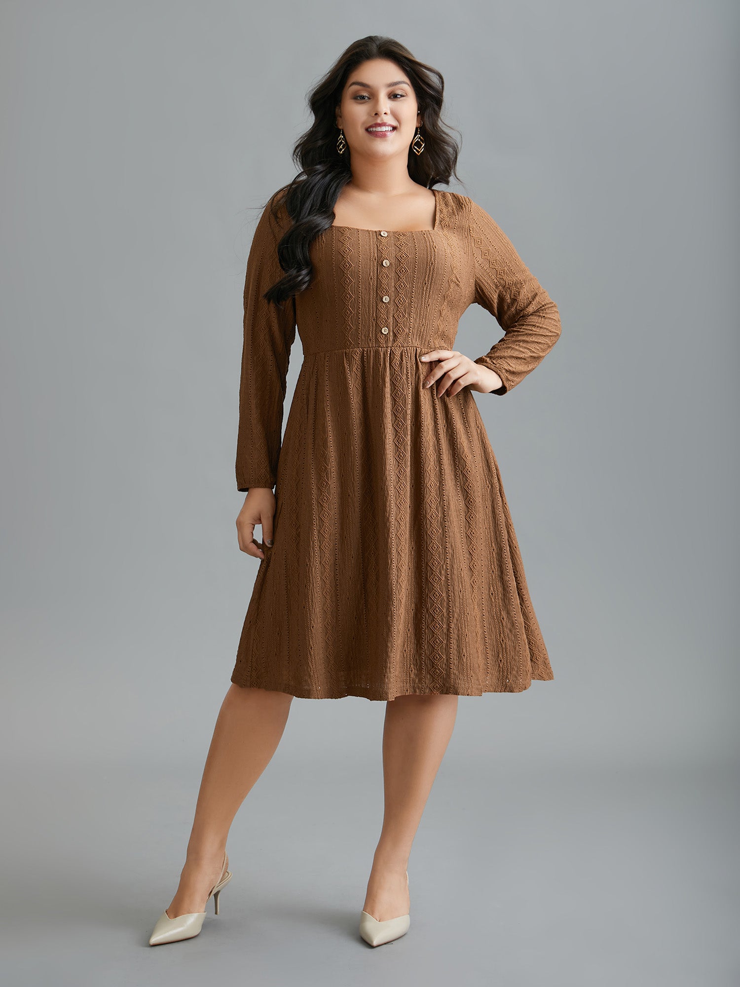 Textured Button Detail Square Neck Knit Dress