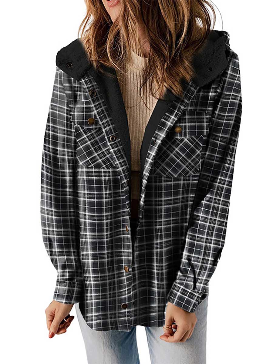 Plaid Long Sleeve Shirt Hooded Thickened Jacket