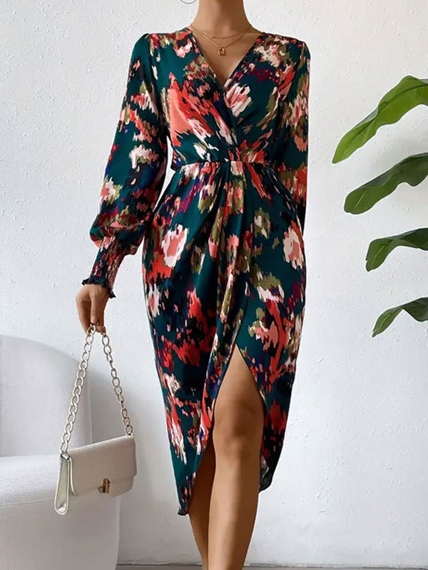 Long Sleeves Loose Elasticity Floral Printed V-Neck Midi Dresses Shirt Dress