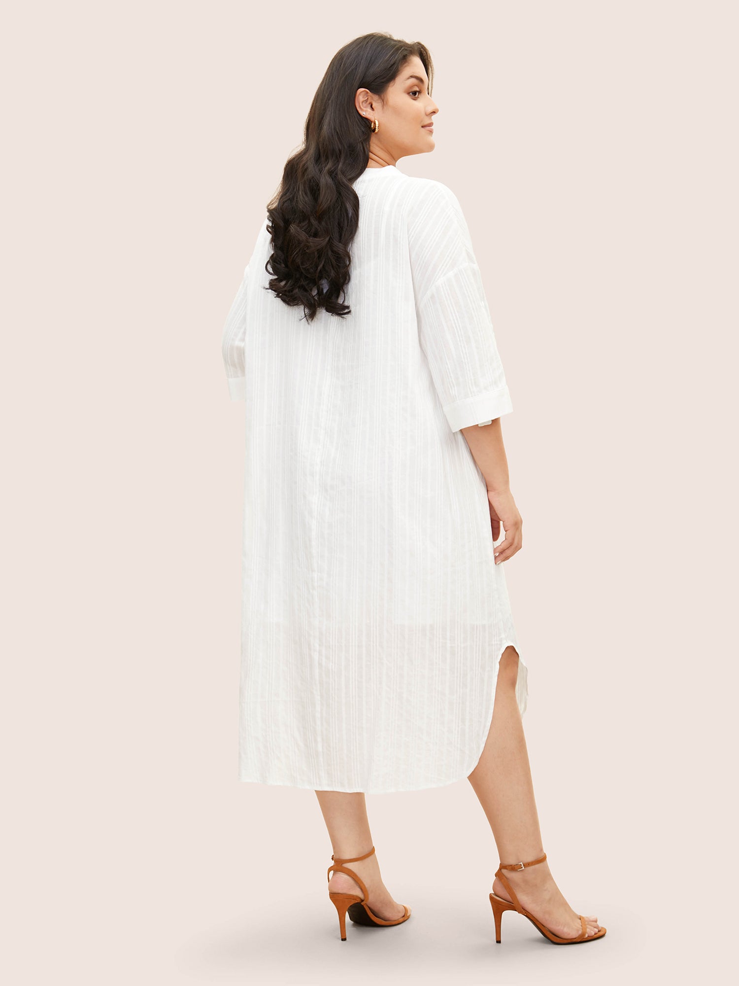 Notched Mesh Patched Pocket Button Cuff Sleeve Dress