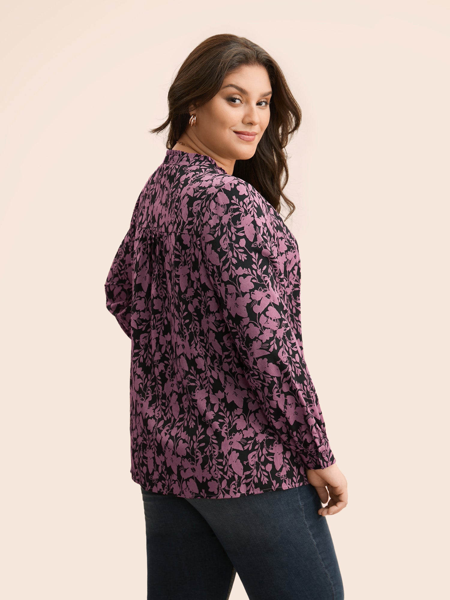 Silhouette Floral Print Notched Frill Trim Blouse
