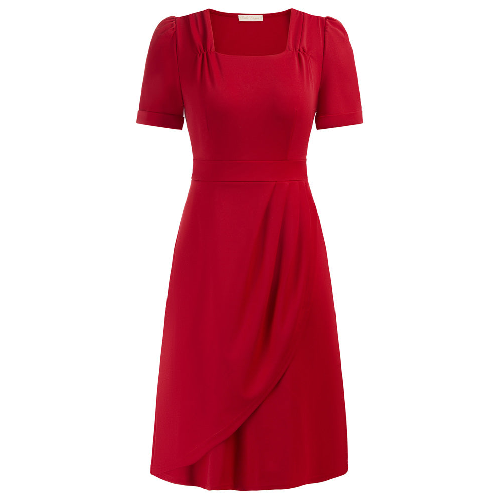 Vintage Square Neck Dress Short Sleeve Defined Waist A-Line Dress