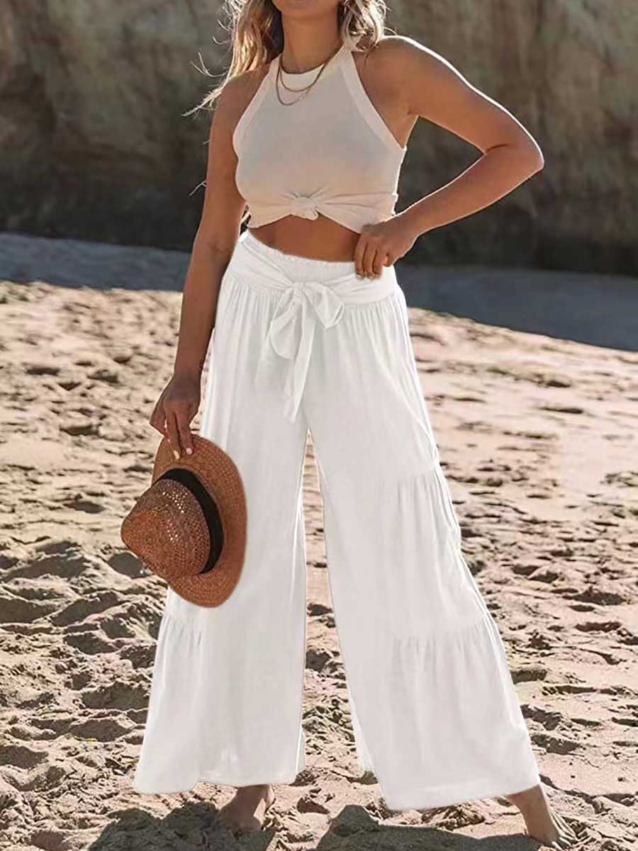 Strappy high-waisted pleated wide-leg pants