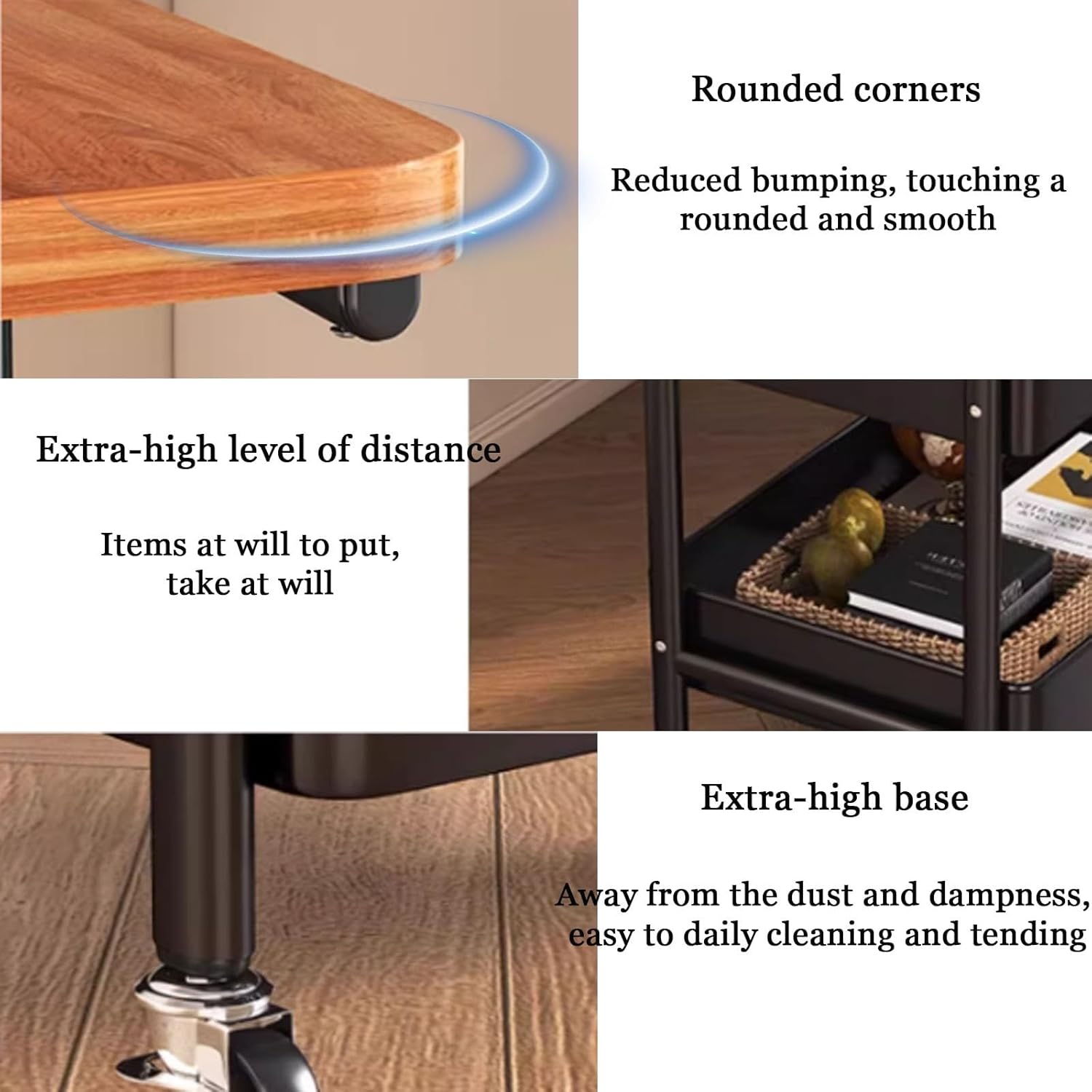 Mobile Side Table 30in Square Endtable with 3 Tier Wood Open Shelf